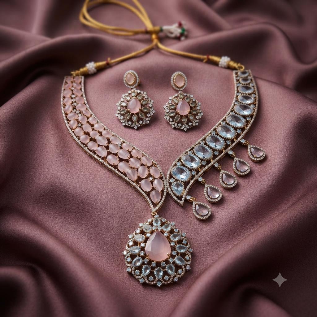 American Diamond CZ Necklace and Earrings Set 18k Gold Tone Wedding Jewelry