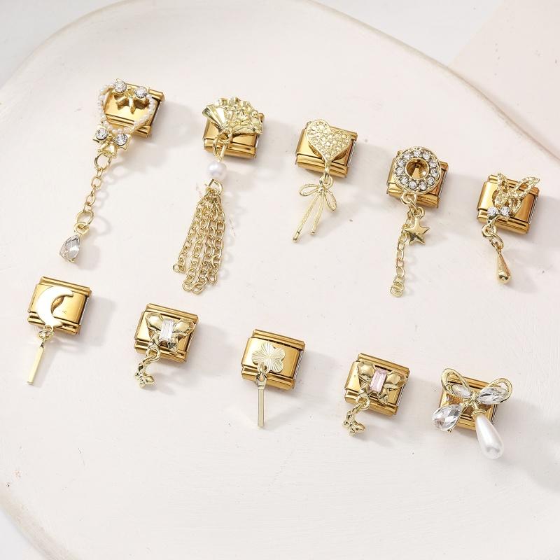 Wholesale Heart Butterfly Bow Flower Chain Pendant Golden Italian Charm Fit 9MM Stainless Steel Bracelet Women DIY Jewelry Gift