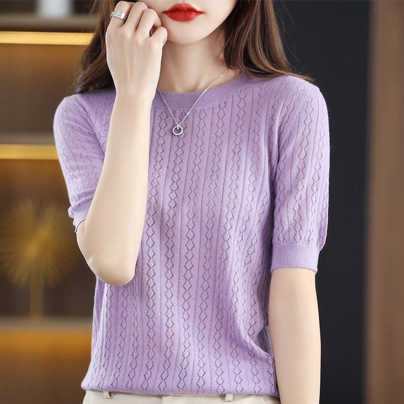 Ice Silk Short Sleeved T-shirt Women's Summer Round Neck Hollow Out Loose and Versatile Knitted Half Sleeved Base Shirt Top