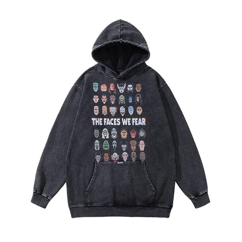 Harajuku Ukiyo-E Cartoon Print Heavy Hoodie American Street Hip Hop Washed Hoodie For Men And Women