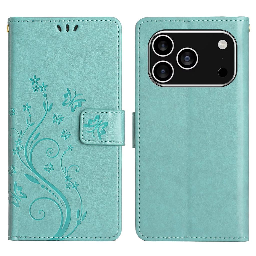 For iPhone 17 Pro Leather Wallet Case Butterfly Flower Imprinted Phone Cover with Strap