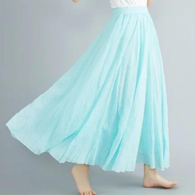 Women Linen Cotton Long Skirts Elastic Waist Pleated Maxi Skirts Beach Boho Vintage Summer Skirts Faldas Saia