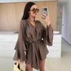 Spring Summer Ruffle Loose Mini Dress Casual Flare Sleeve Holiday Dresses Sexy Deep V Lace Up Solid Color Women's Dress Vestidos