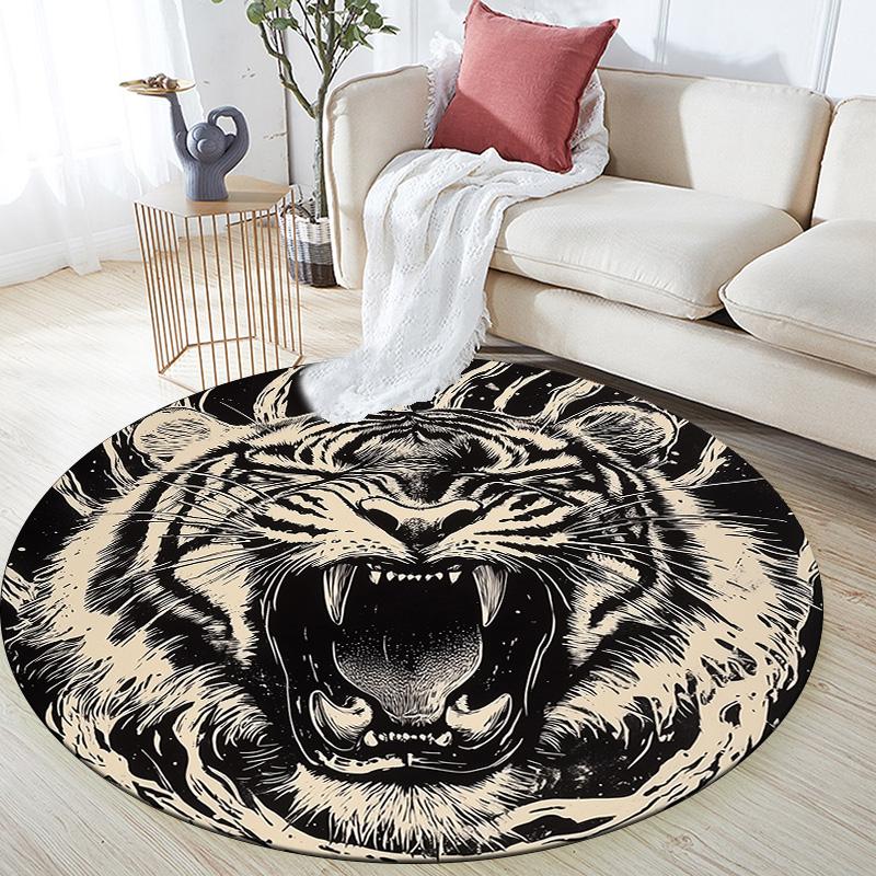 Black and White Tiger,Round Area Rug,Carpet Rug for Living Room Bedroom Sofa Playroom Decor,Non-slip Floor Mat