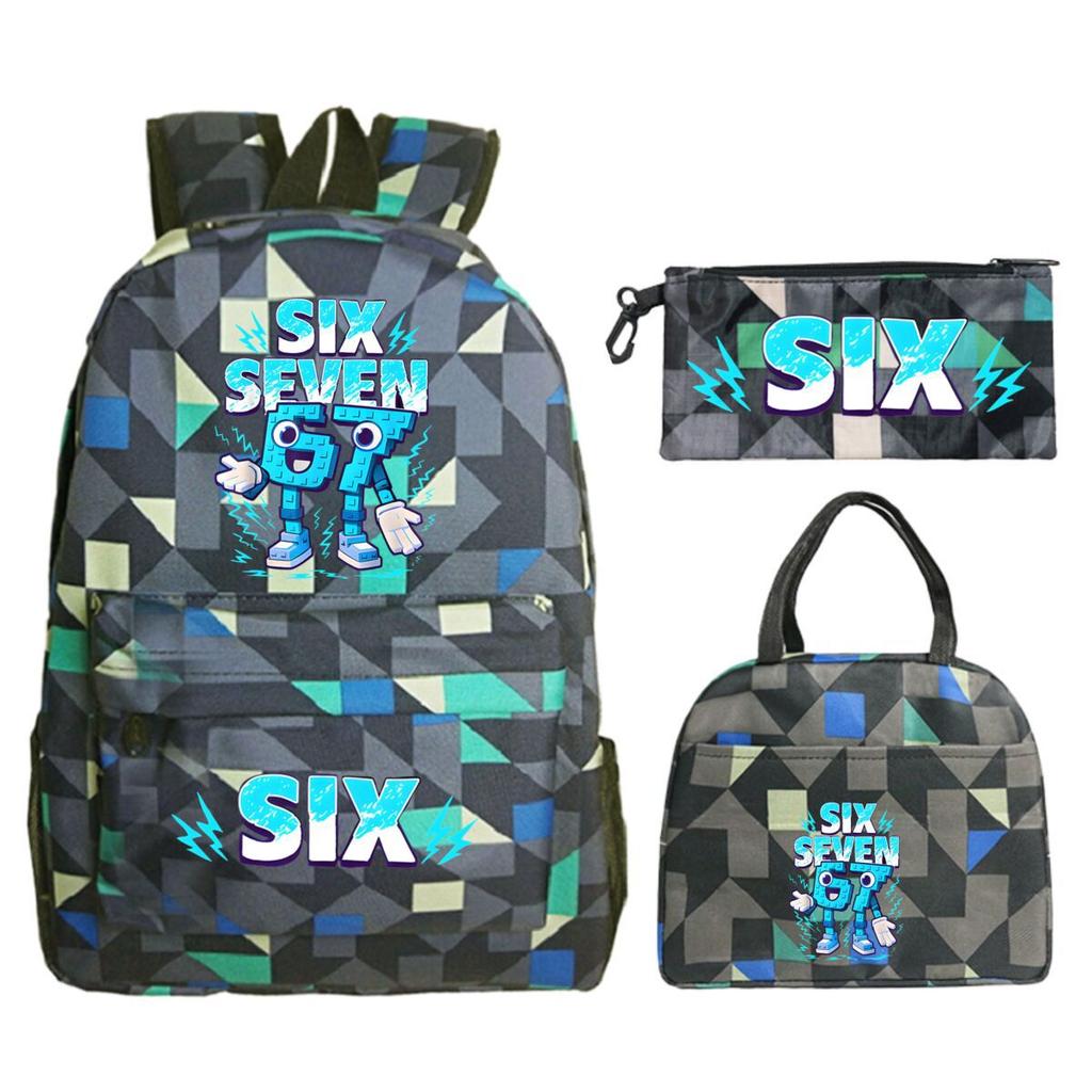 Sechs Sieben 67 Bedruckter Kinderrucksack Brottasche Federmäppchen Schultasche für Schüler Dreiteiliges Set