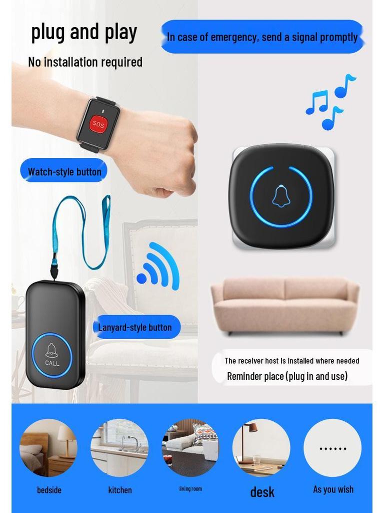 Elderly Wireless Emergency Alarm with Lanyard & Music Bracelet