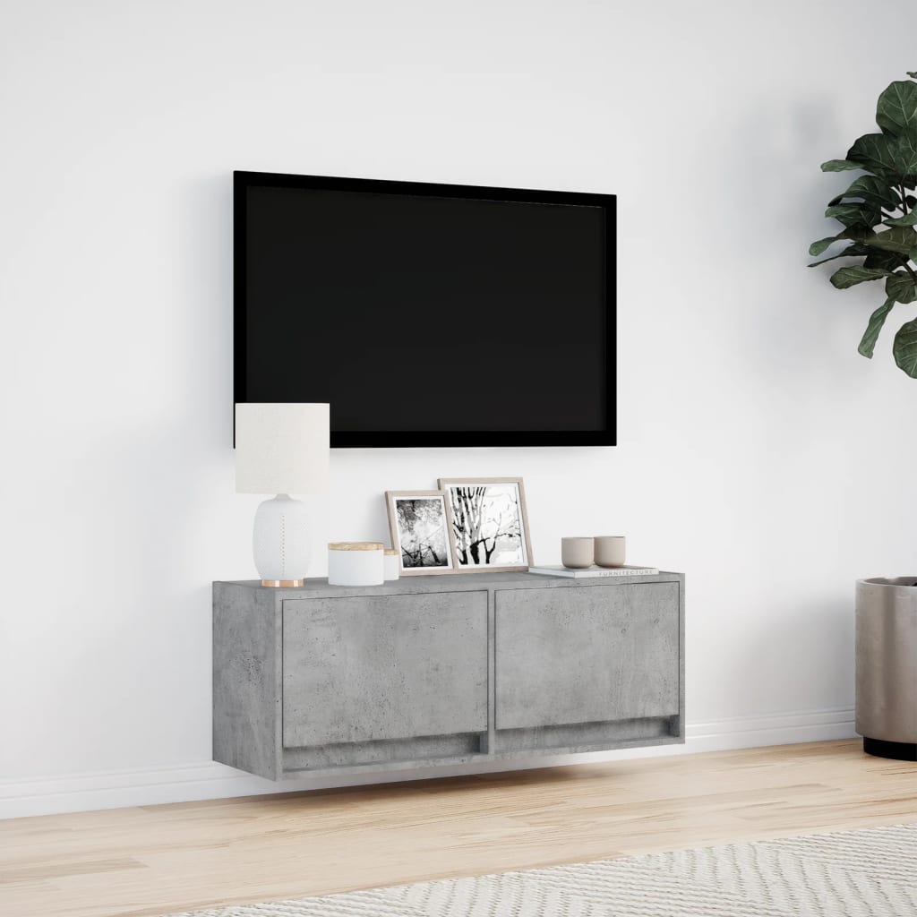 Wall Mounted TV Cabinet with LED Lighting Concrete Grey 100 x 31 x 35 cm
