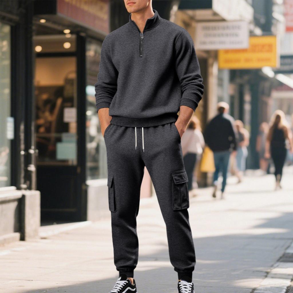 Men's Lined Zip Up Long Sleeve Sweatsuit Set with Stand Collar for Fall Winter