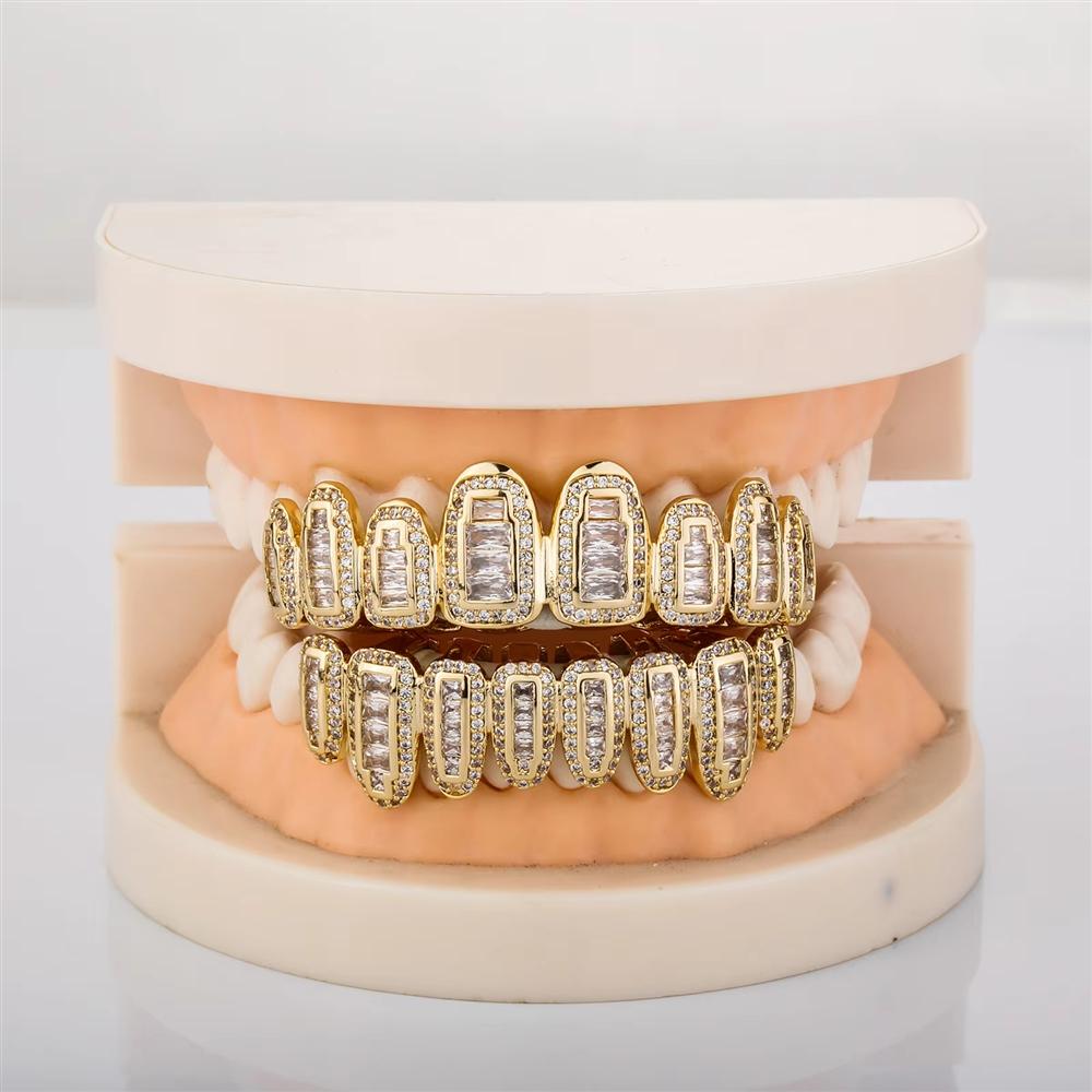 Iced Out T Square CZ 8 Teeth Grillz Real Gold Plated Brass HIPHOP Men Sharp Teeth Grills Halloween Cosplay Bulk