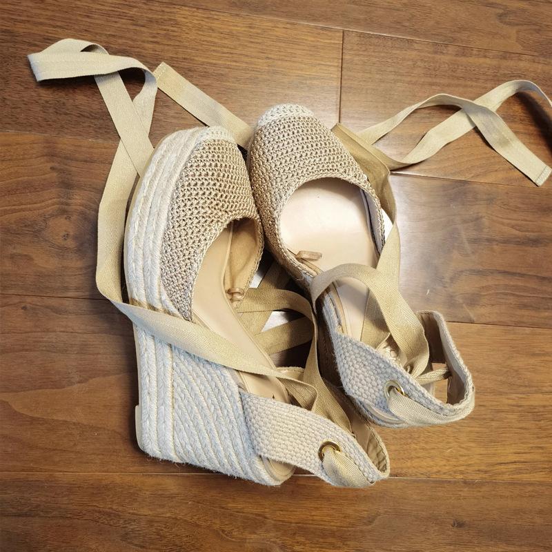 2025 New Design Woven Wedge Heel Fisherman'S Sandals For Women, Summer Retro Cross-Laced Thick-Soled Toe Cap Roman Shoes