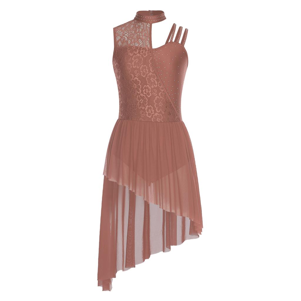 Womens Lyrical Dance Leotard Dress Floral Lace Rhinestones Irregular Hem Openable Crotch One Piece Asymmetrical Dress