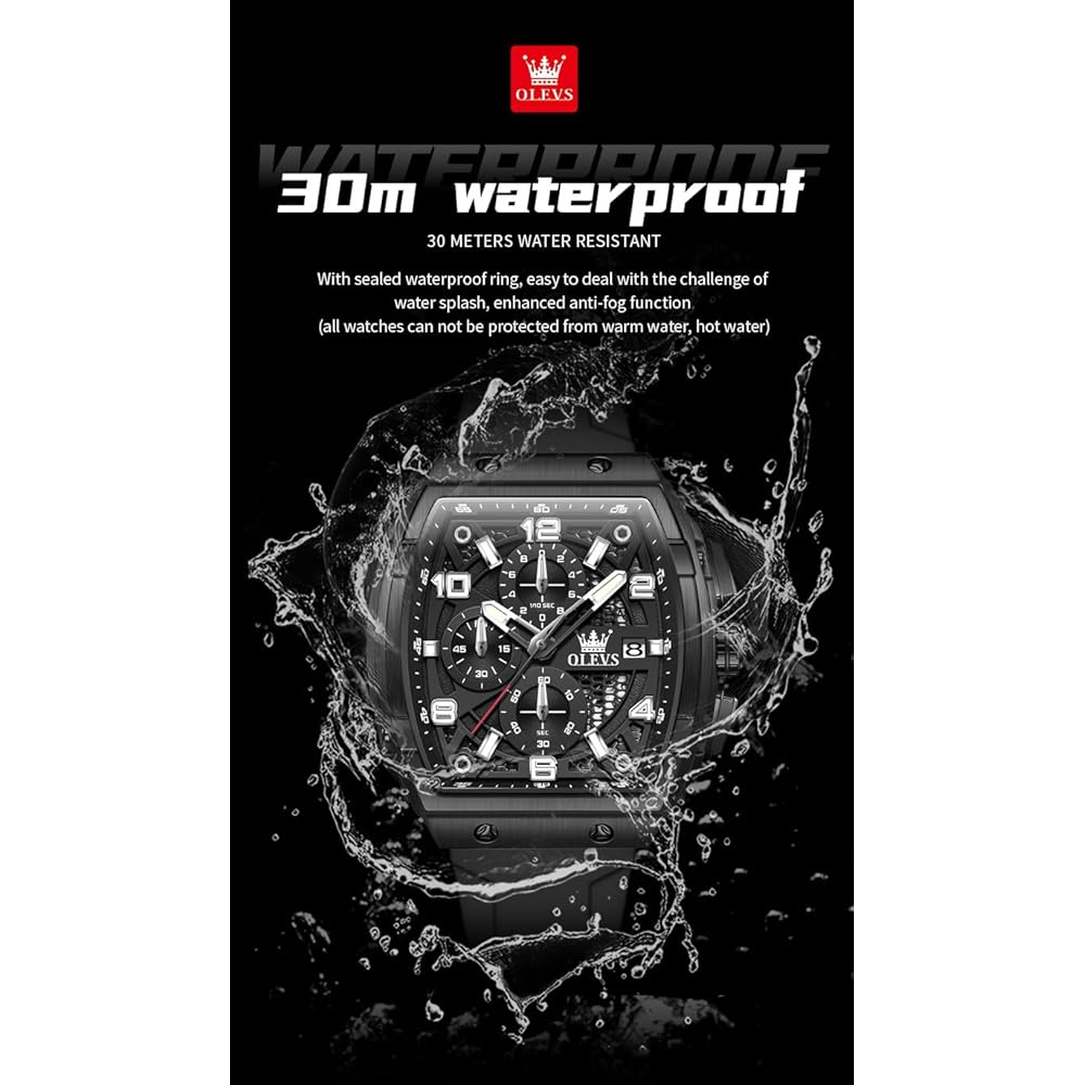 OLEVS Men's Chronograph Waterproof Multifunctional Quartz Watch with Calendar and Silicone Strap Black