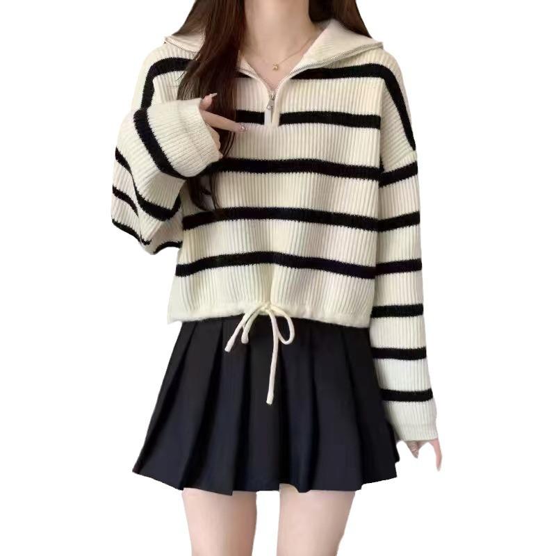 Half-zipper High-neck Striped Sweater Female Fall and Winter Thickened Loose Lazy Head Short Section Knit Sweater Comfortable and Versatile Fashion