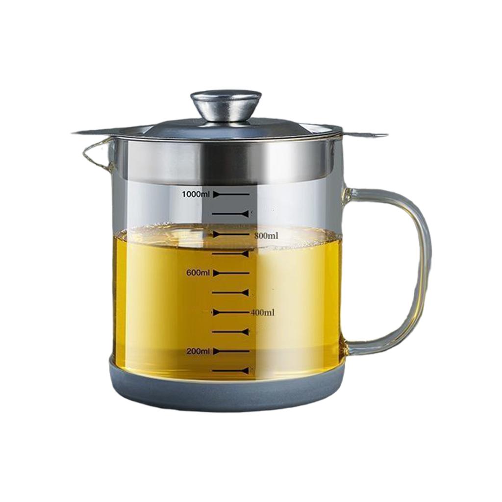 1000/1500ML Glass Oil Filter Pot with Lid - Easy-Grip Handle Kitchen Grease and Fat Separator For Cooking Oil Storage