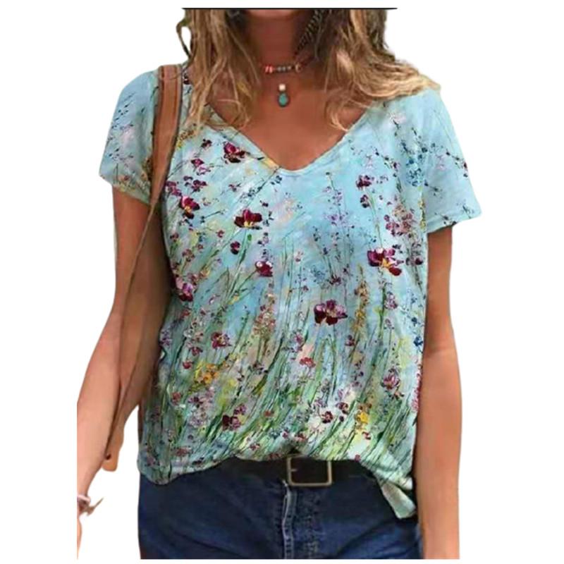 Casual Summer Women 2025 New Short Sleeve V-Neck Loose Oversized Tops Streetwear Floral Printed