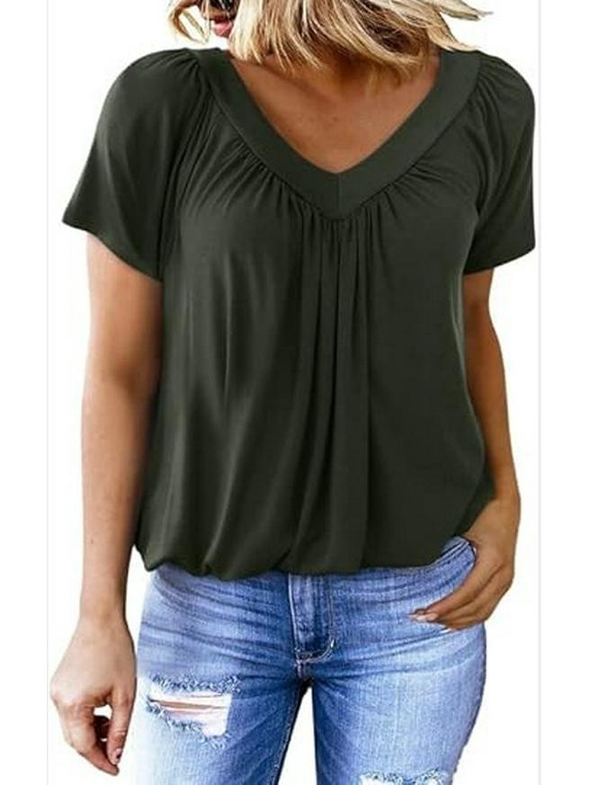 2025 V-Neck Raglan Sleeve Ruffled Casual T-shirt
