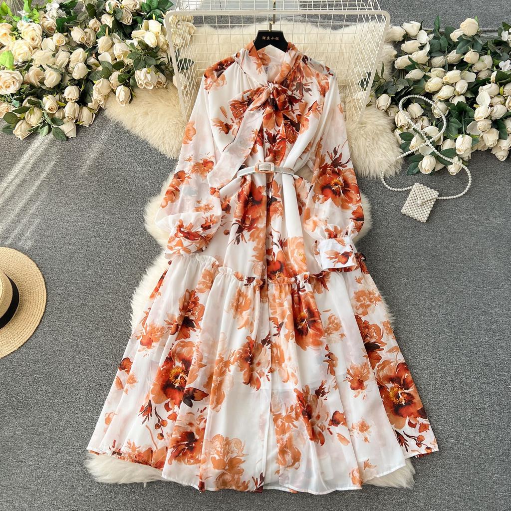 Women Elegant Vintage Mid Dress Bow Neck Retro Flower Print Long Sleeve Dresses with Belt