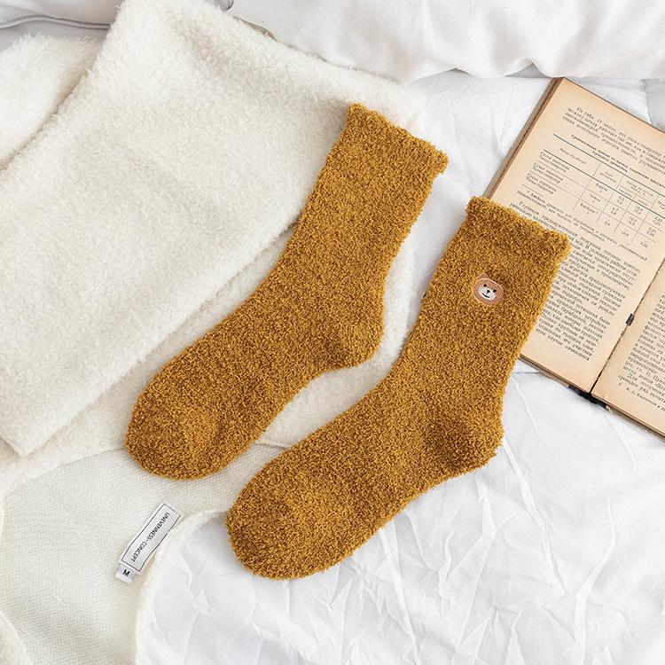 1pair Coral Fleece Sleeping Socks Home Socks Women's Mid-tube Autumn and Winter Embroidery Bear Cute Plus Velvet Thick Warm Long Tube