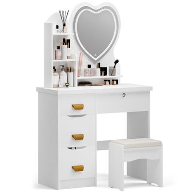 Makeup Vanity Desk with LED Lighted Heart-shaped Mirror, Vanity Table with 4 Drawers and Opening Shelves, Bedroom Dressing Table with Stool