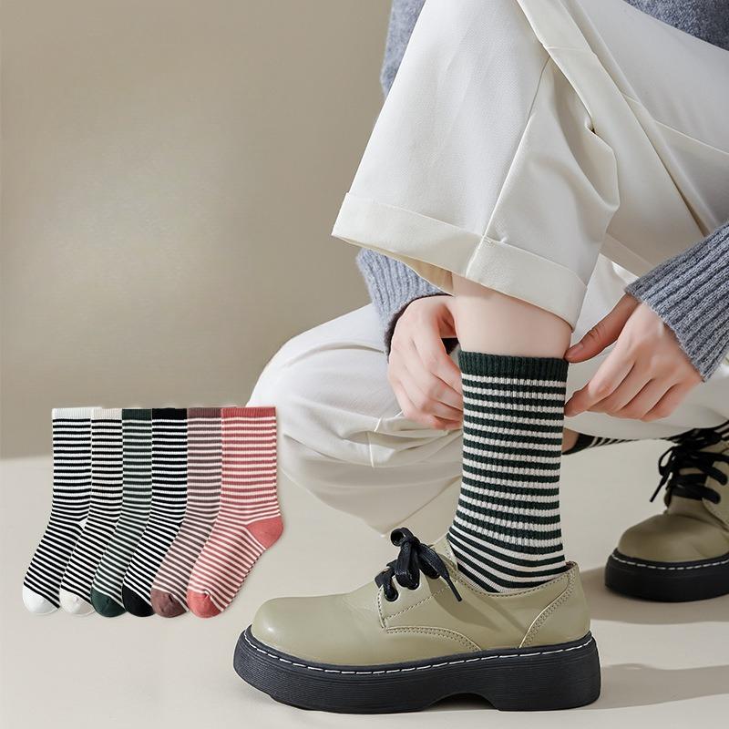 Spring and Autumn Cotton High-top Socks, Trendy and Versatile Mid-top Socks, Women's Striped Pile Socks