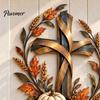 Floral Pumpkin Cross Sign Autumn Harvest Metal Wall Decor, Rustic with Golden Wheat Farmhouse Thanksgiving Door & Fall Leaves, Plaque for Porch Garden