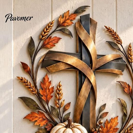Floral Pumpkin Cross Sign Autumn Harvest Metal Wall Decor, Rustic with Golden Wheat Farmhouse Thanksgiving Door & Fall Leaves, Plaque for Porch Garden