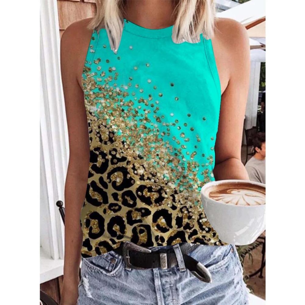 Summer Sequin Leopard 3D Print Tank Tops Women Fashion Streetwear Oversized O-Neck Vest Off Shoulder Sleeveless Woman Camisole