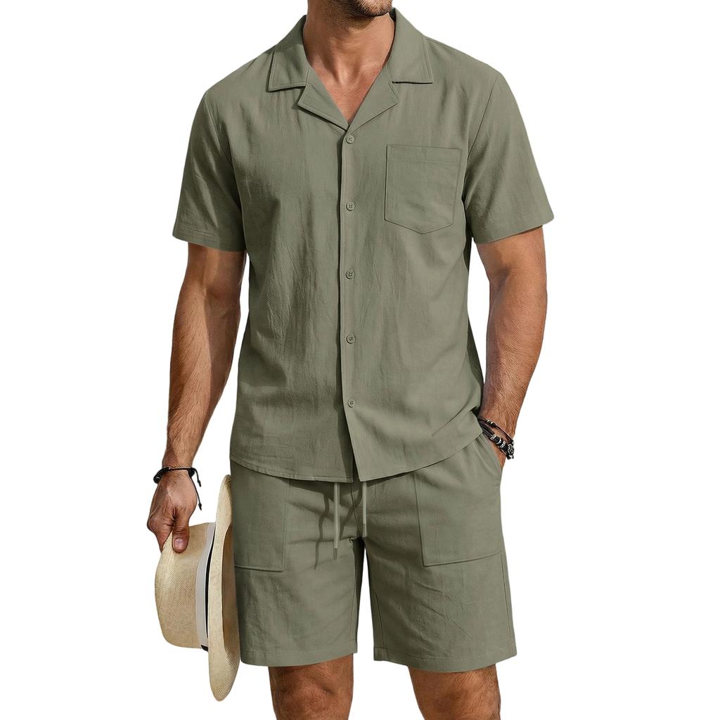 Men's Linen Short Sleeve Shirt and Shorts Set Casual Loose Fit Breathable with Pockets