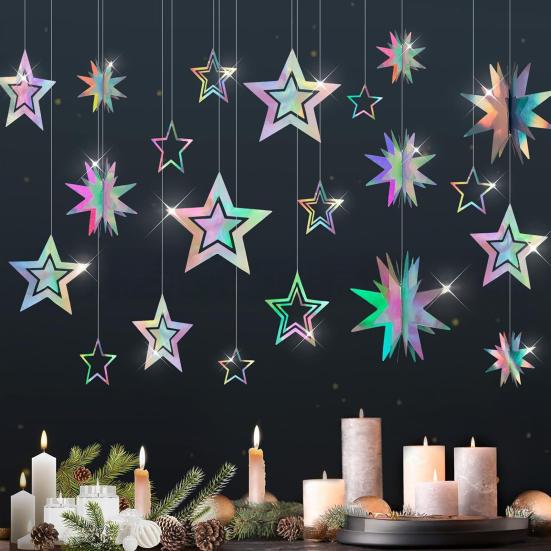 Iridescent Star Garland Decoration Metallic Holographic Star Streamer Twinkle Star Hanging Bunting Banner Backdrop for Baby Shower Wedding Decor