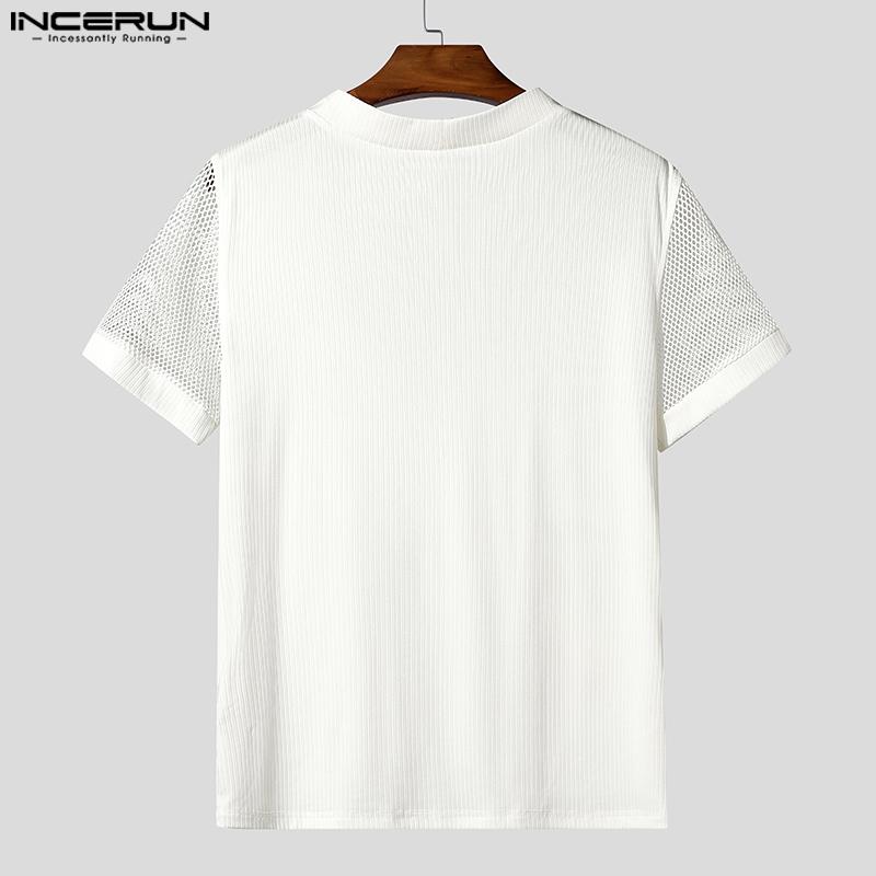 INCERUN Tricouri pentru bărbați cu gât în V, mânecă scurtă, patchwork din plasă, față transparentă cu încrucișare
