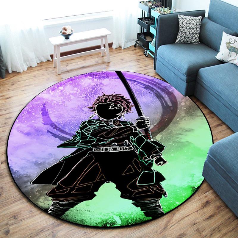 Classic Japanese-style Cartoon Demon Slayer Round Rug, Home Soft Decorative Anti-slip Yoga Mat and Chair Mat, Outdoor Floor Mat Carpet K17
