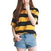 Women Yellow and Black Striped Round Neck Collar Loosen Half Sleeve T-Shirt  Casual Blouse Tops