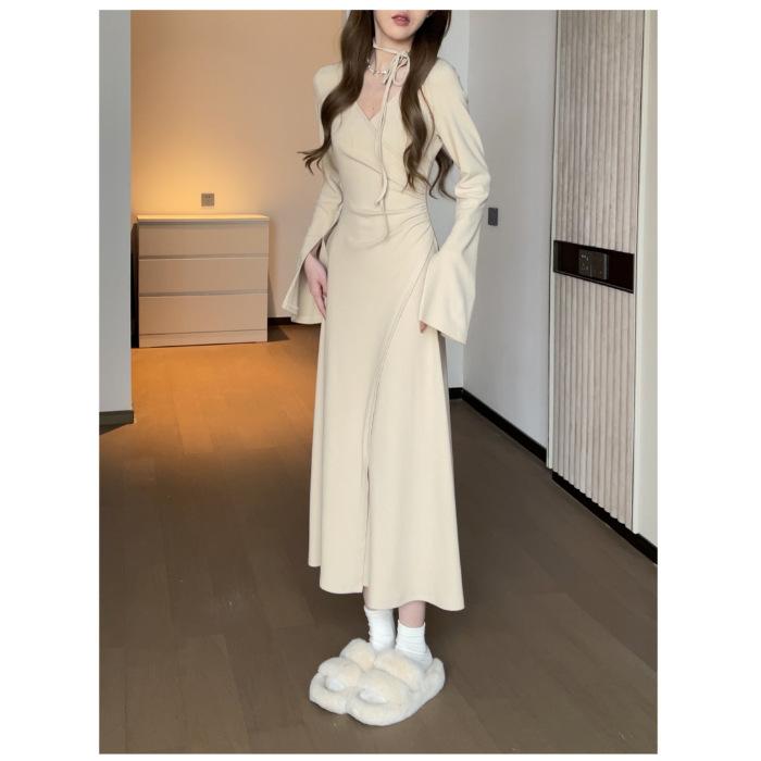 New Girl's V-neck Irregular Dress Autumn Waist Thin Waist Pleated Long-sleeved Lace-up Skirt