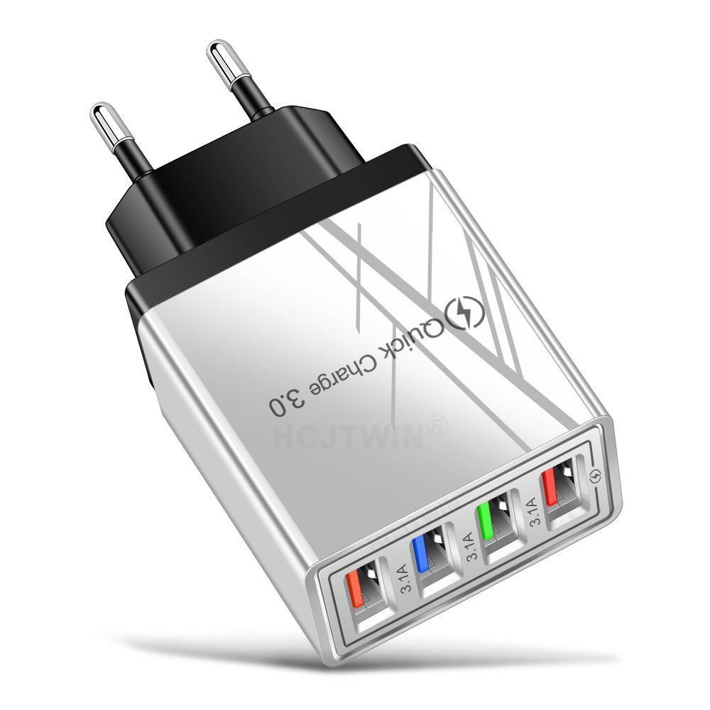 4-Port USB Mobile Charger 3A with LED Light for EU/US Specs, Compatible with Tablets & Phones