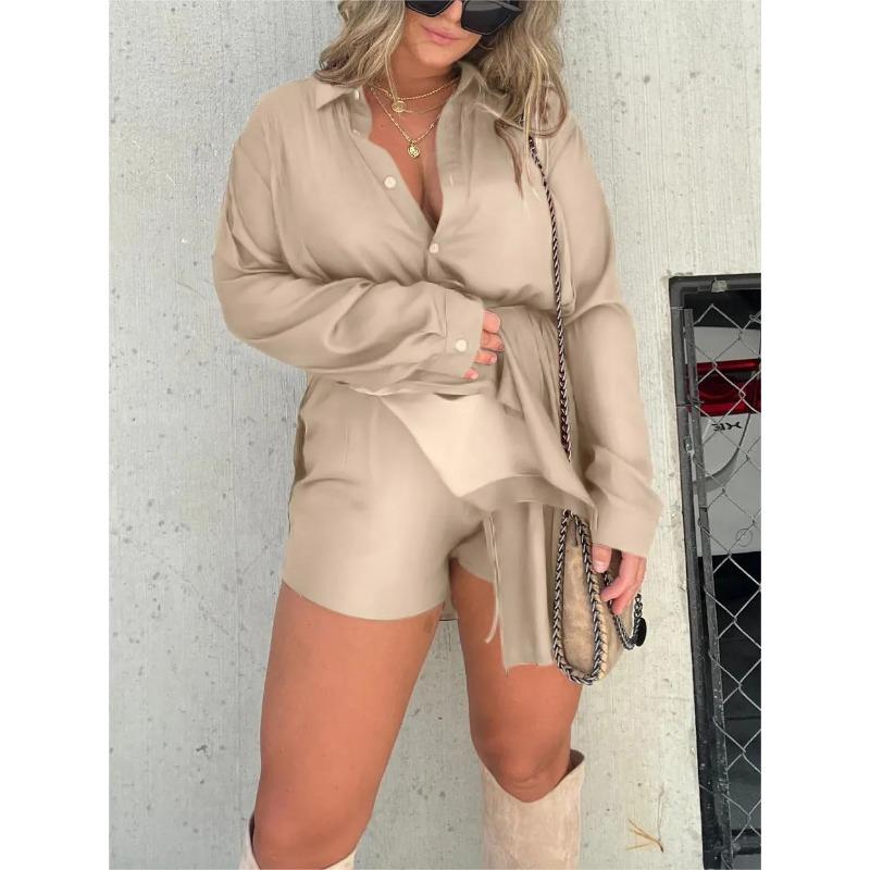 

Женский однотонный атласный повседневный комбинезон-рубашка со шнуровкой 3XL абрикосовый