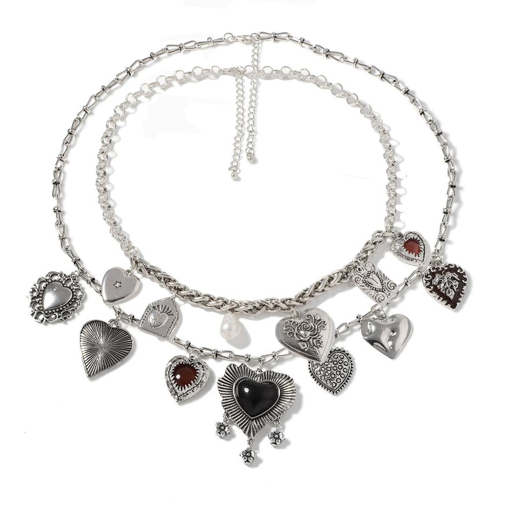 Mode Vintage Gothique Géométrique Cœur Pendentif Double Couche Empilé Personnalisé Chaîne Collier Boucles d'Oreilles Femmes