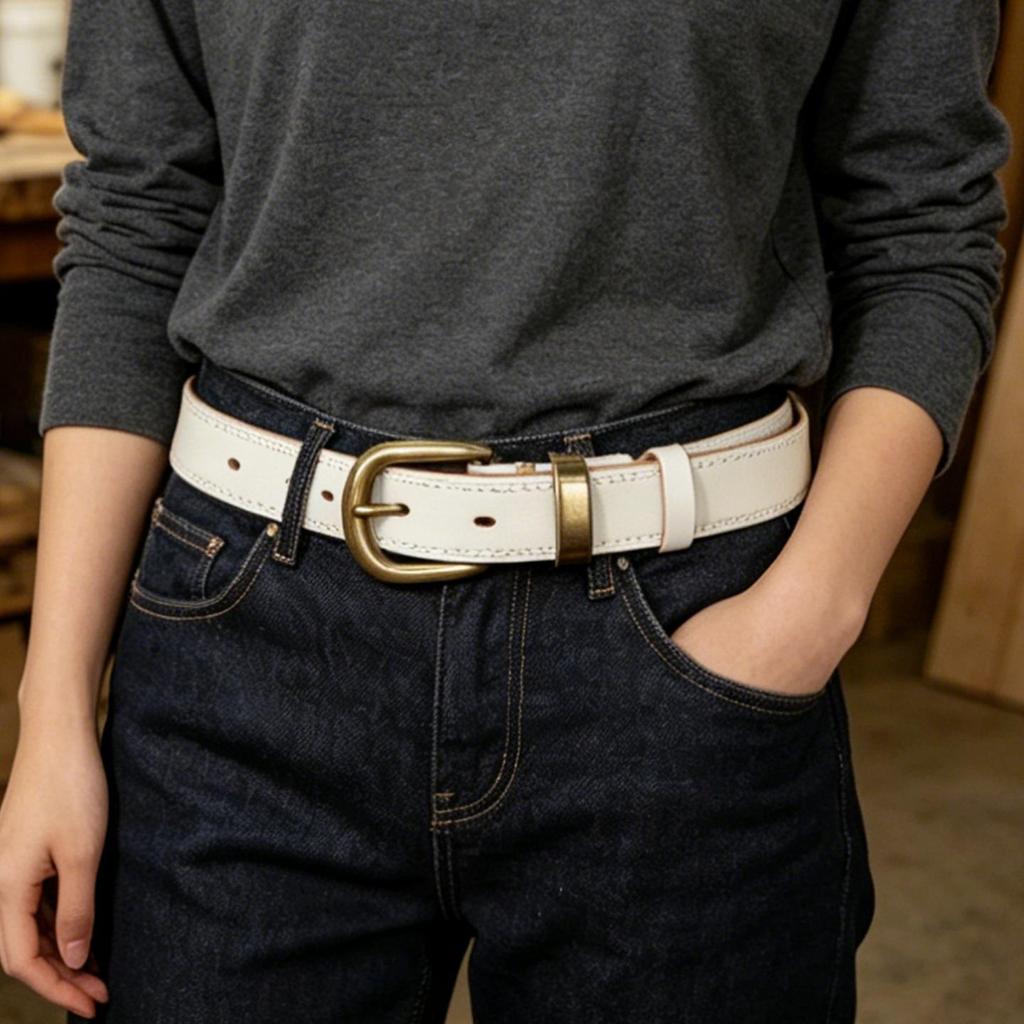 Women's Retro Leather Jeans Belt - Top Layer Cowhide, Pin Buckle, Vegetable Tanned, Casual Hong Kong Style