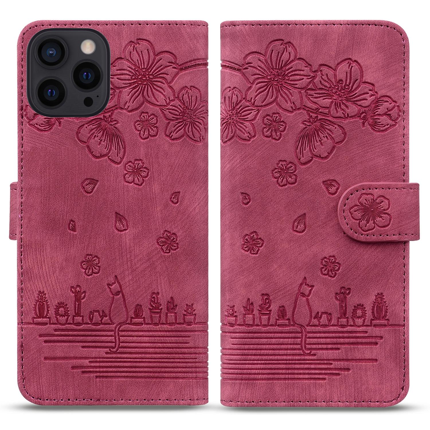 

Чехол для iPhone 16 Pro с рисунком цветка и кошки, кошелек-книжка, кожаная обложка для телефона Wine Red