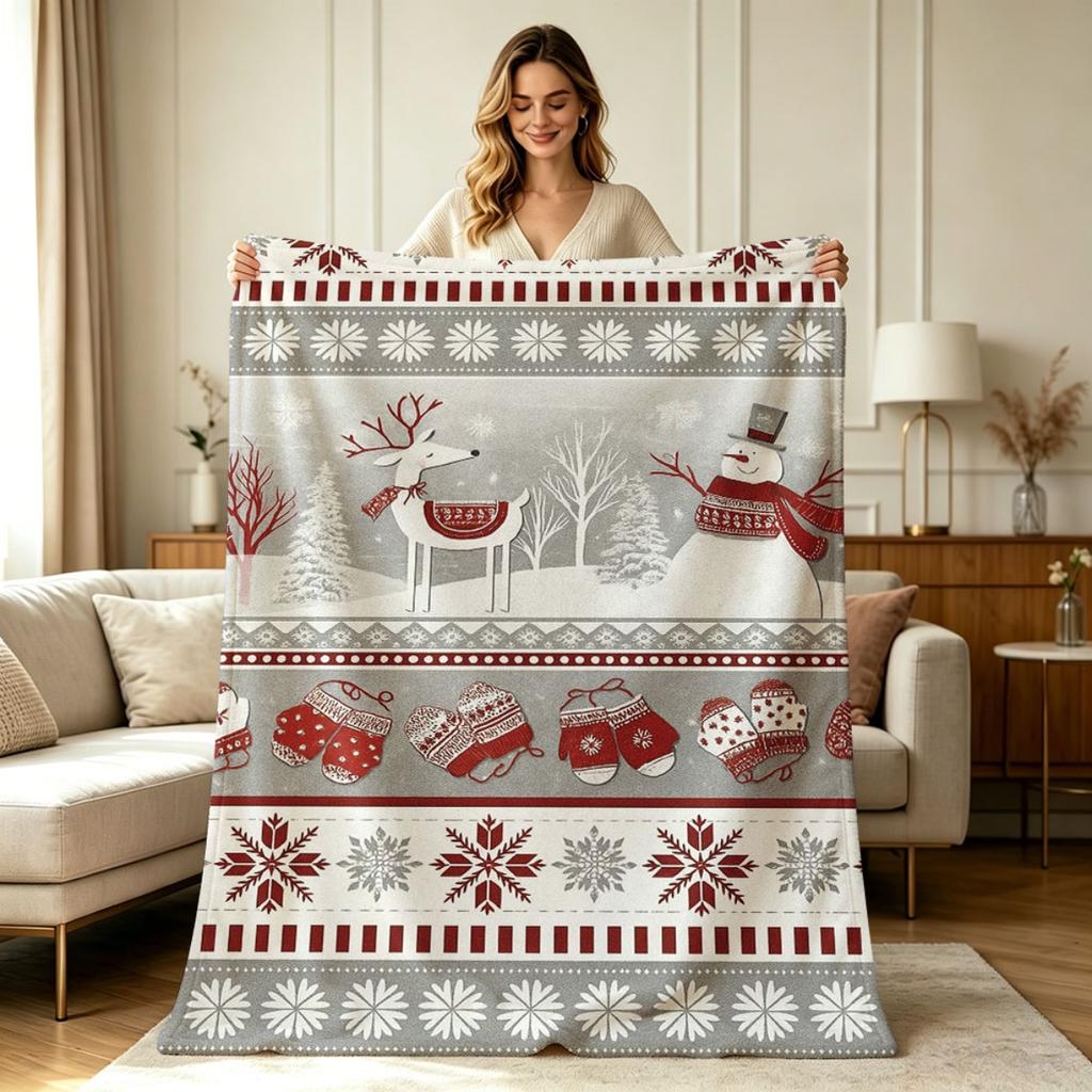 Cozy Warm Flannel Throw Blanket with Winter Christmas Snowman Reindeer Mitten Snowflake Pattern All Season Soft Breathable Decorative Blanket for Sofa