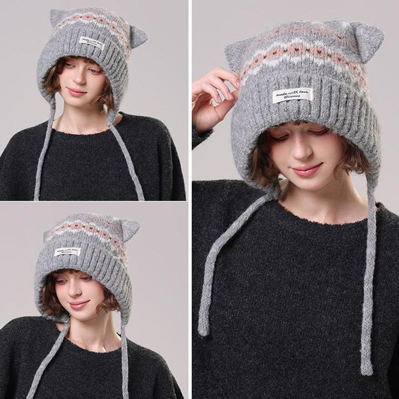 Autumn Winter Cartoon Cat Ears Knitted Hat for Women's Outdoor Wool Hat