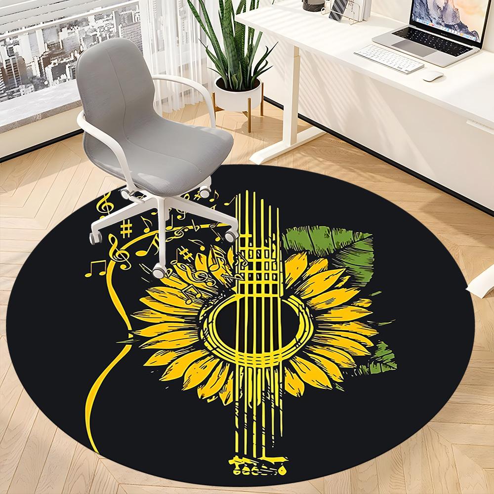 1pc Guitar Sunflower Office Round Area Rug, Indoor Mat Suitable ForOffice, Under Office Chairs Bedroom Living Room Home Decor, Room Deco T181