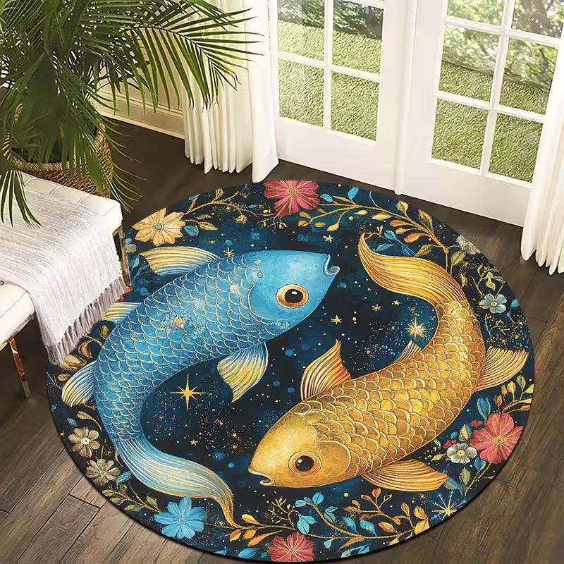 Japanese Illustration Style Koi Fish Round Area Rug Traditional Asian Koi Carp Wave Print Carpet Soft Non-Slip Circular Mat 80cm x 80cm