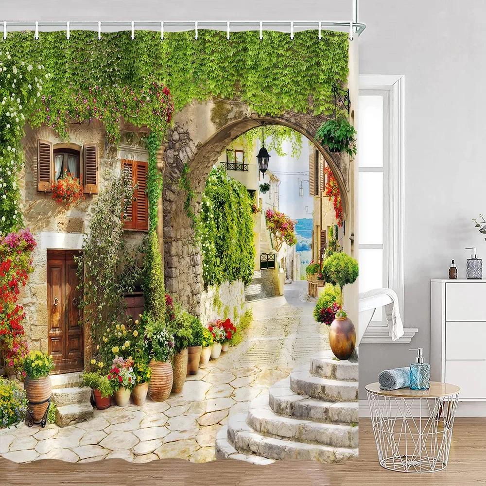 Vintage European Style Street View Shower Curtain Street View Old Stone Wall Plant Bathroom Curtain Bath Decoration