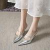 Silver Diagonal Belt Design Fairy Temperament Pointed Head Thin Heel High Heel Single Shoes One Word Bag Head Sandals Summer