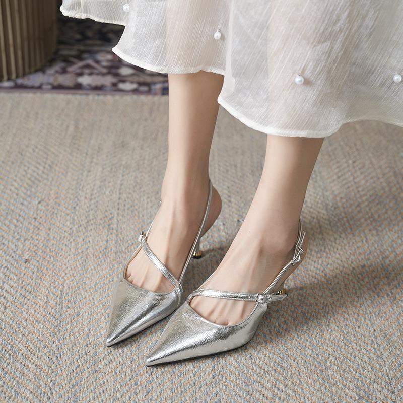 Silver Diagonal Belt Design Fairy Temperament Pointed Head Thin Heel High Heel Single Shoes One Word Bag Head Sandals Summer