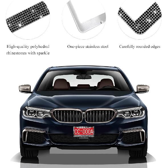Bling Car License Plate Frame, Handcrafted Rhinestone License Plate Frame With Glitter Screw Caps, Sparkly Bedazzled Diamond Stainless Steel License
