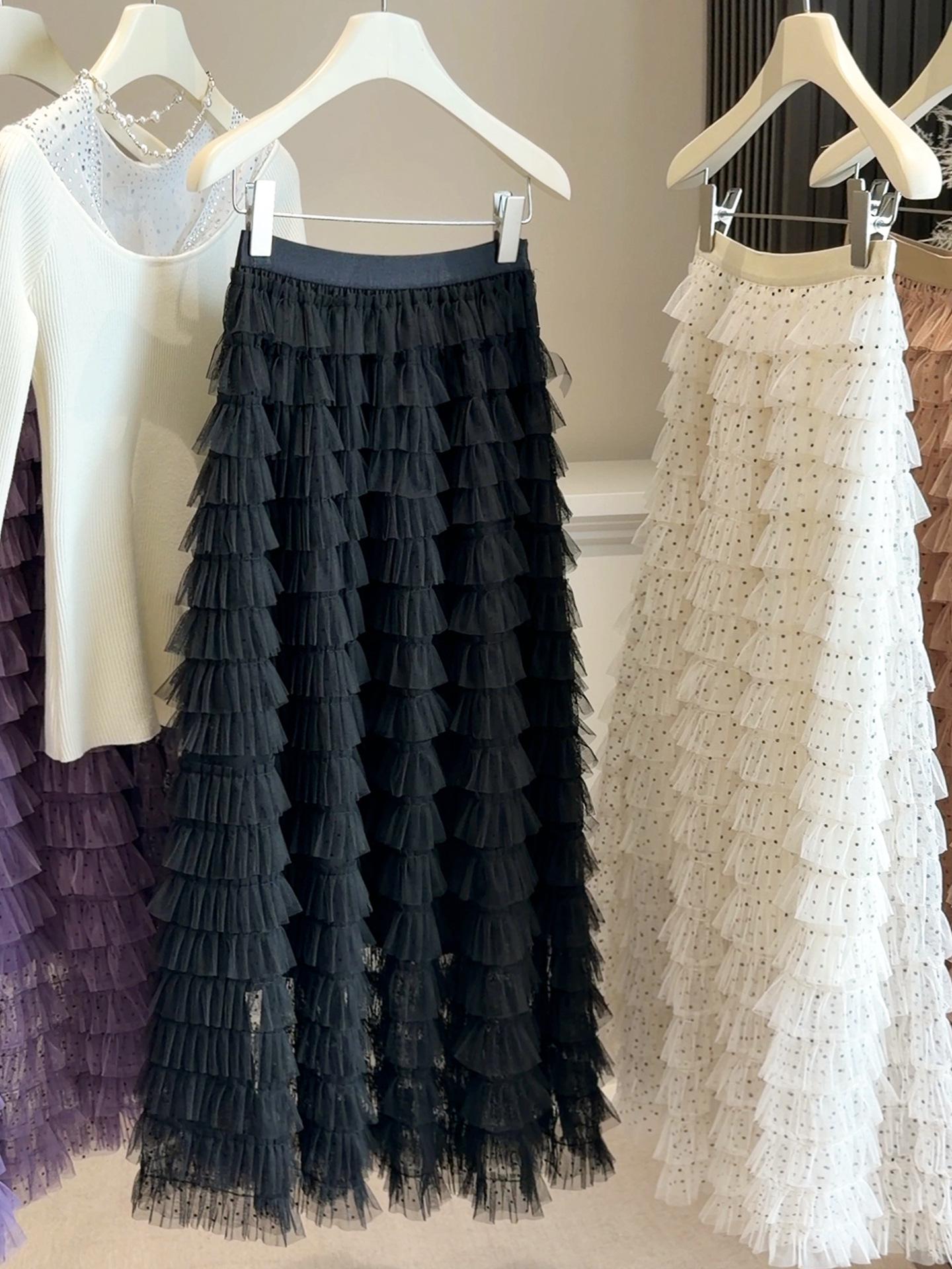 

Layered Polka Dot Mesh A-line Midi Skirt for Women - High Waist, Fluffy, Super Fairy Style for Spring & Autumn One Size чёрный