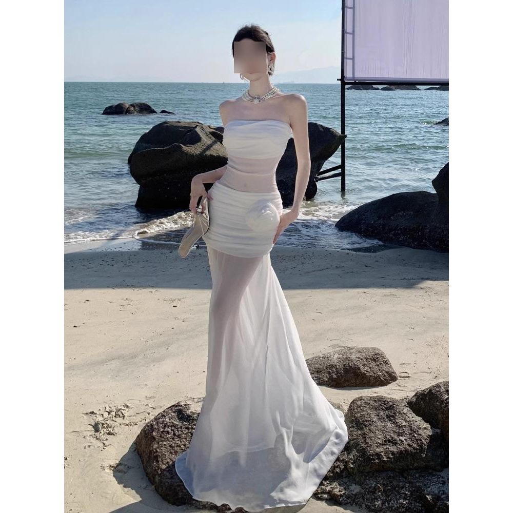 

Супер фея отпускной ветер перспектива сетка топ-труба юбка рыбий хвост длинное платье платье белое платье легкое свадебное платье XL