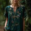 Damenhemd V-Ausschnitt Kurzarm Einfarbig Lockerer Schnitt Pullover Oberteile Stickerei Blumenmuster Sommer Oberteile Täglich