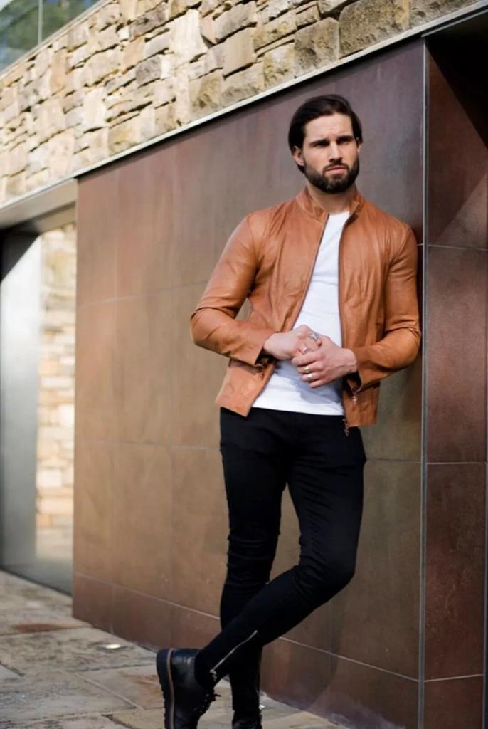 Stylish Hot Genuine Lambskin Biker Handmade Motorcycle Men's Tan Leather Jacket